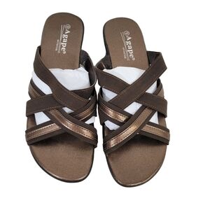 Agape Metallic Brown Crisscross Strap Slide On Sandals
